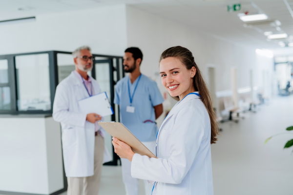 Portrait of young woman doctor at a hospital corridor.