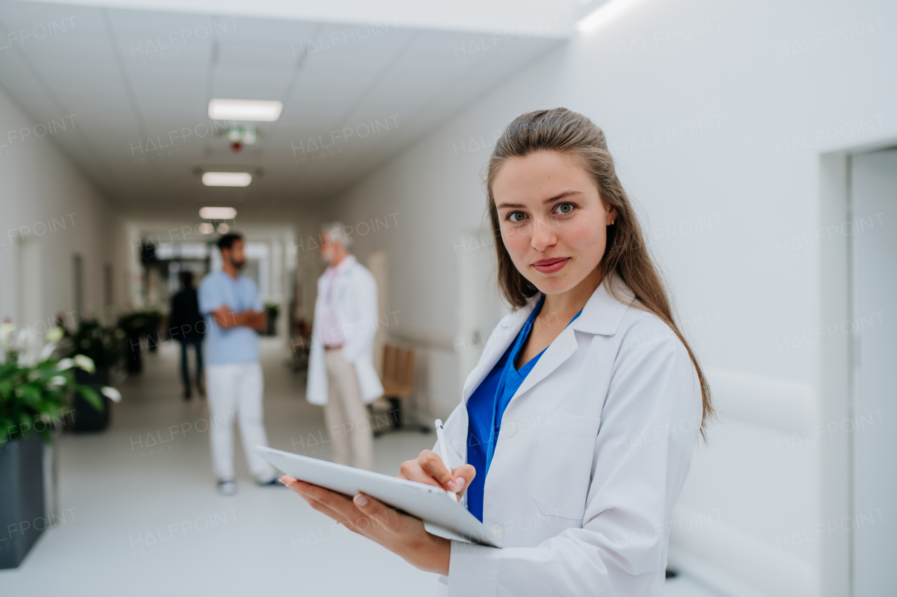 Portrait of young woman doctor at a hospital corridor.