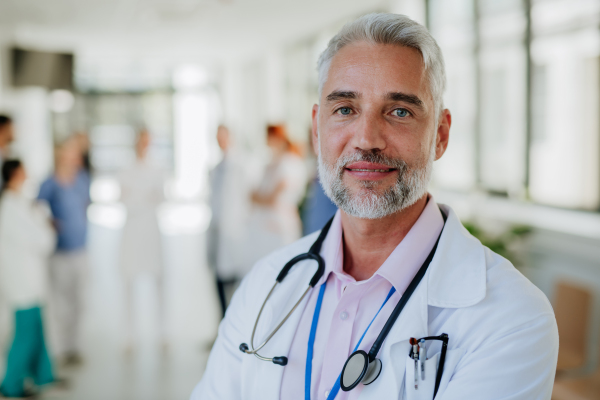 Portrait of mature doctor at a hospital corridor.