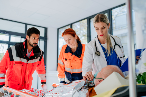 Young woman doctor taking care of patient from a rescue ambulance.