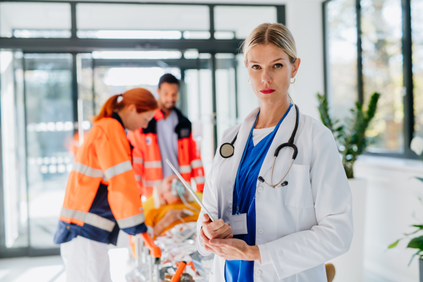 Portrait of young woman doctor with rescuers in the background.