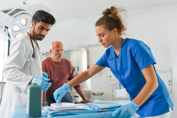 Young doctor and nurse treating injured head of senior man.