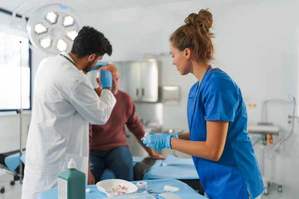 Young doctor and nurse treating injured head of senior man.