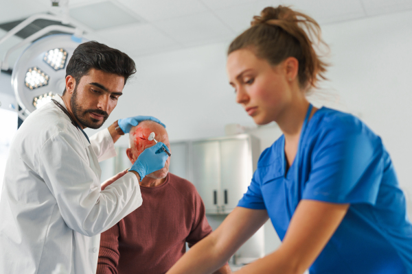 Young doctor and nurse treating injured head of senior man.