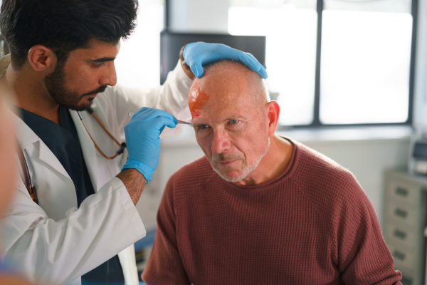 Close-up of doctor treating injured head of senior man.