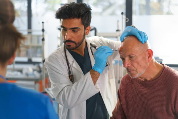 Young doctor and nurse treating injured head of senior man.