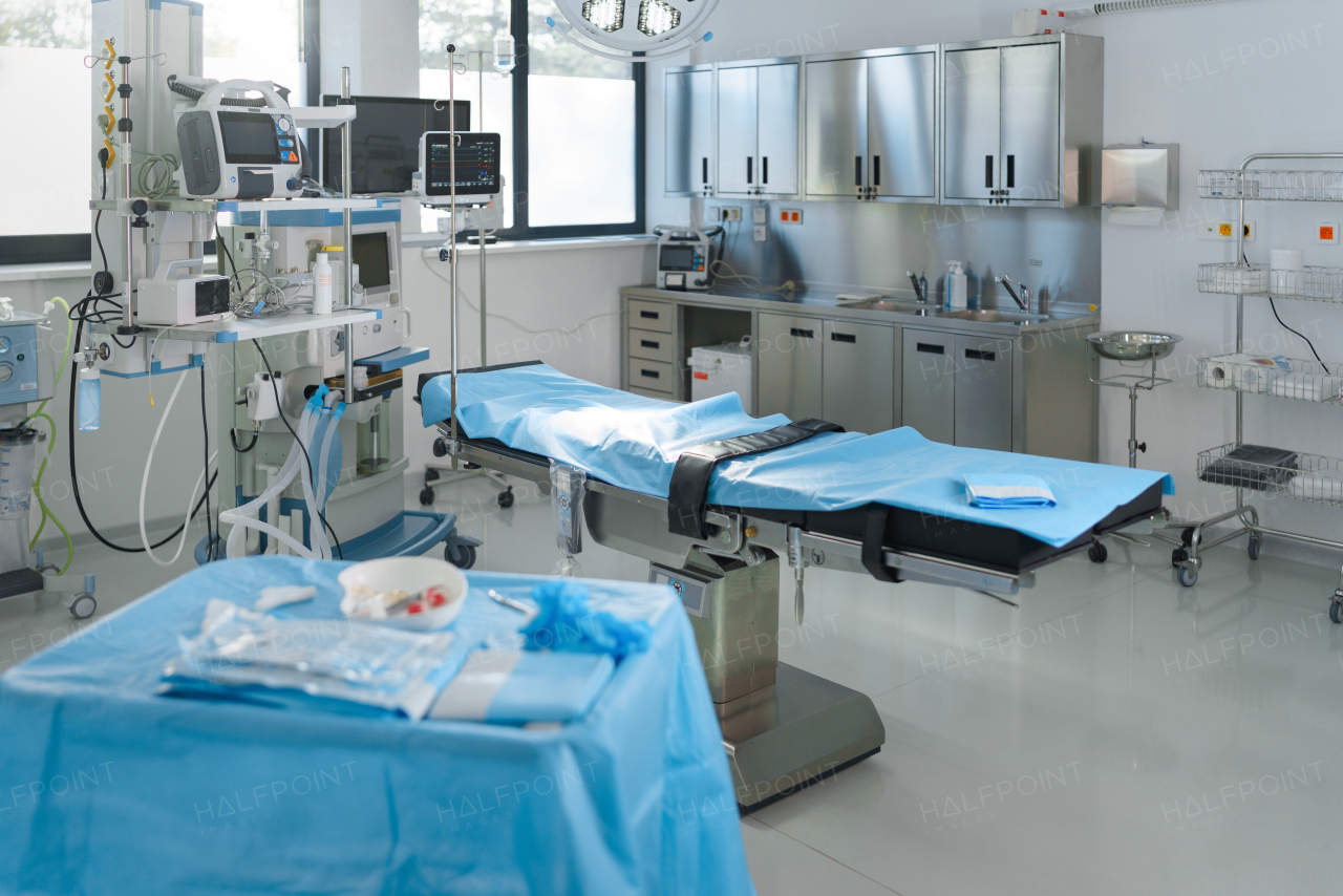 Close-up of empty surgical hall with a bed.