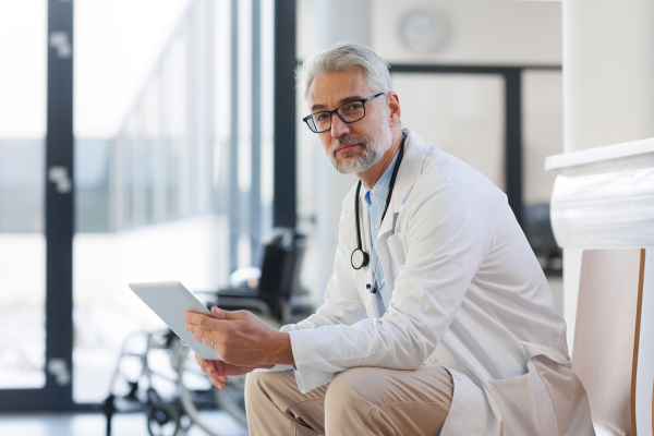 Portrait of smiling doctor sitting in hospital corridor. Handsome doctor with gray hair wearing white coat, stethoscope around neck standing in modern private clinic and looking at camera.