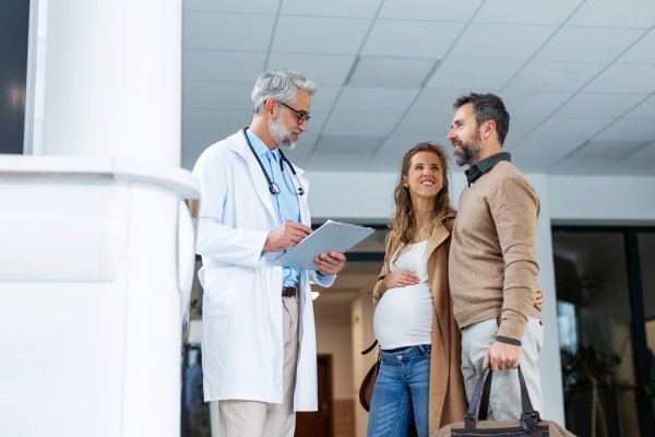 Pregnant woman and husband talking to obstetrician in hospital. Admitting woman in labor to maternity ward, planned cesarean section.