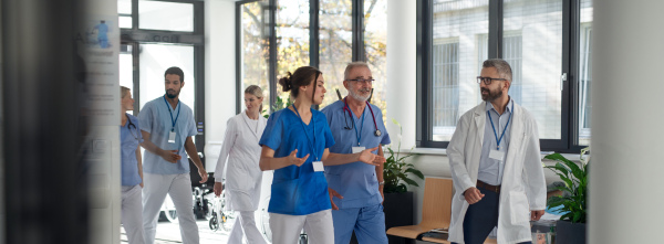 Young doctors at hospital corridor, going for daily chceck up of patients.