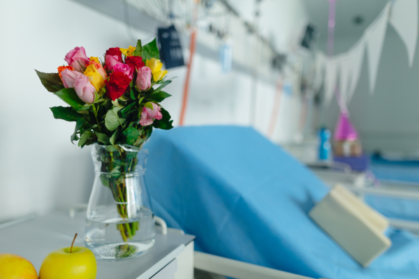 Close-up of empty hospital room with birthday decoriation.