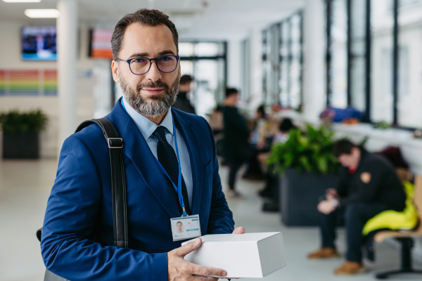 Portrait of pharmaceutical sales representative presenting in modern medical building, holding box with drugs samples.