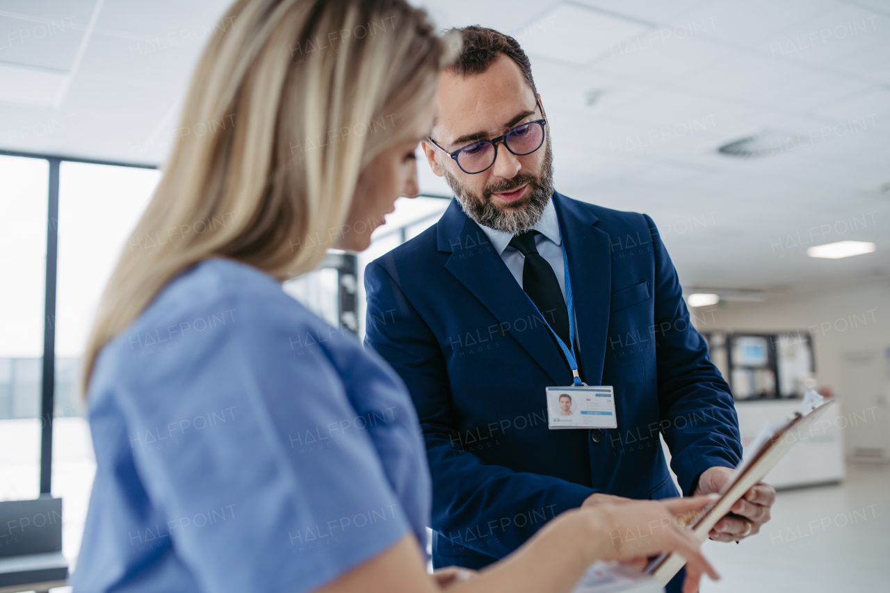 Pharmaceutical sales representative talking with doctor, presenting new medication. Nurse talking with hospital director about contract, documentation. Medical, healthcare unions.