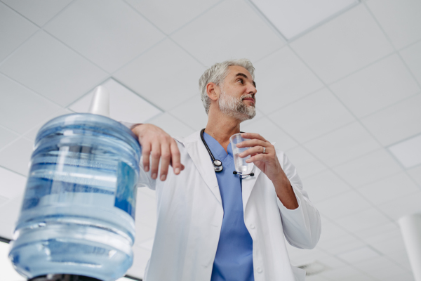 Handsome doctor is taking a break during work shift at hospital, drinking water from water dispenser in hospital lobby.