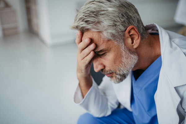 Side view of frustrated, exhausted doctor sitting in hospital corridor. Concept of burnout syndrome among doctors, health care workers.