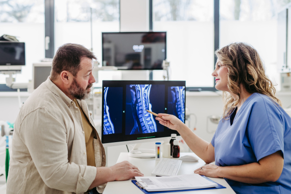 Female doctor consulting with overweight patient, discussing test result and x-ray scans in doctor office. Concept of health risks of overwight and obesity.