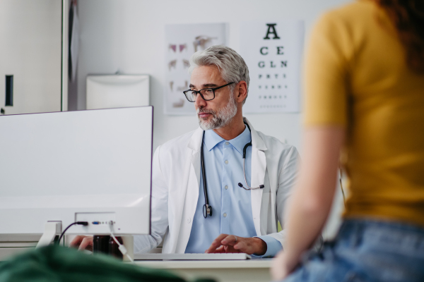 Portrait of doctor talking with tennage girl patient, discussing test results. Concept of preventive health care for adolescents.