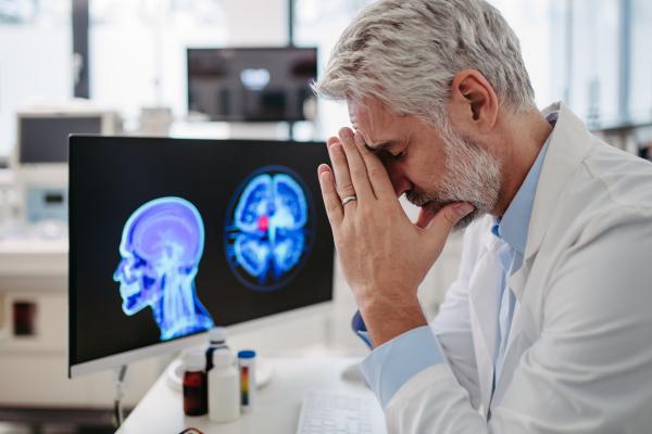 Portrait of sad doctor looking at an MRI scan, patient's bad test results, feeling helpless. Recurrence of the disease