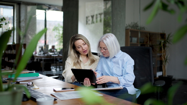 Two female colleagues in various age groups in office. Older manager as mentor for new female employee. Age diverse team concept.