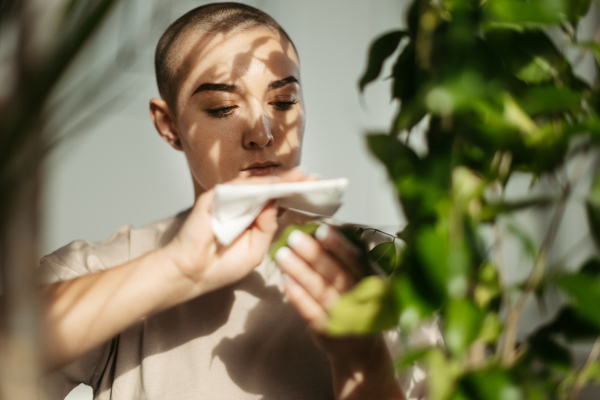 Young woman with cancer taking care of plants in the apartment.