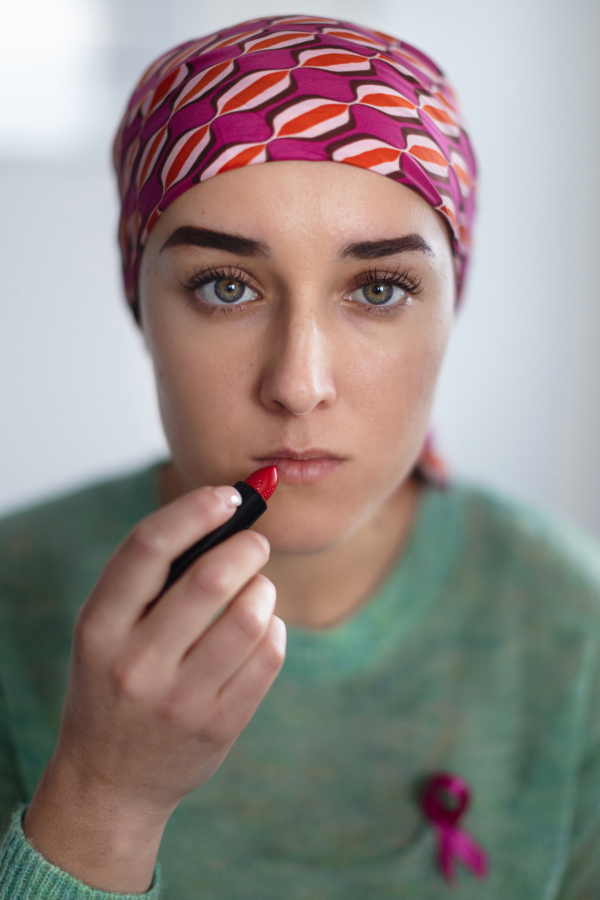 Beauty routine of a young woman with cancer.