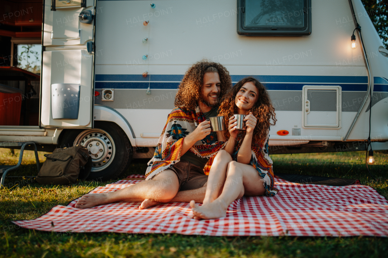 Beautiful couple sitting in front of caravan under blanket, enjoying peaceful moment, drinking coffee of herbal tea. Camping trip for young people.