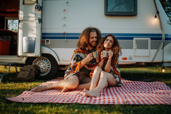 Beautiful couple sitting in front of caravan under blanket, enjoying peaceful moment, drinking coffee of herbal tea. Camping trip for young people.