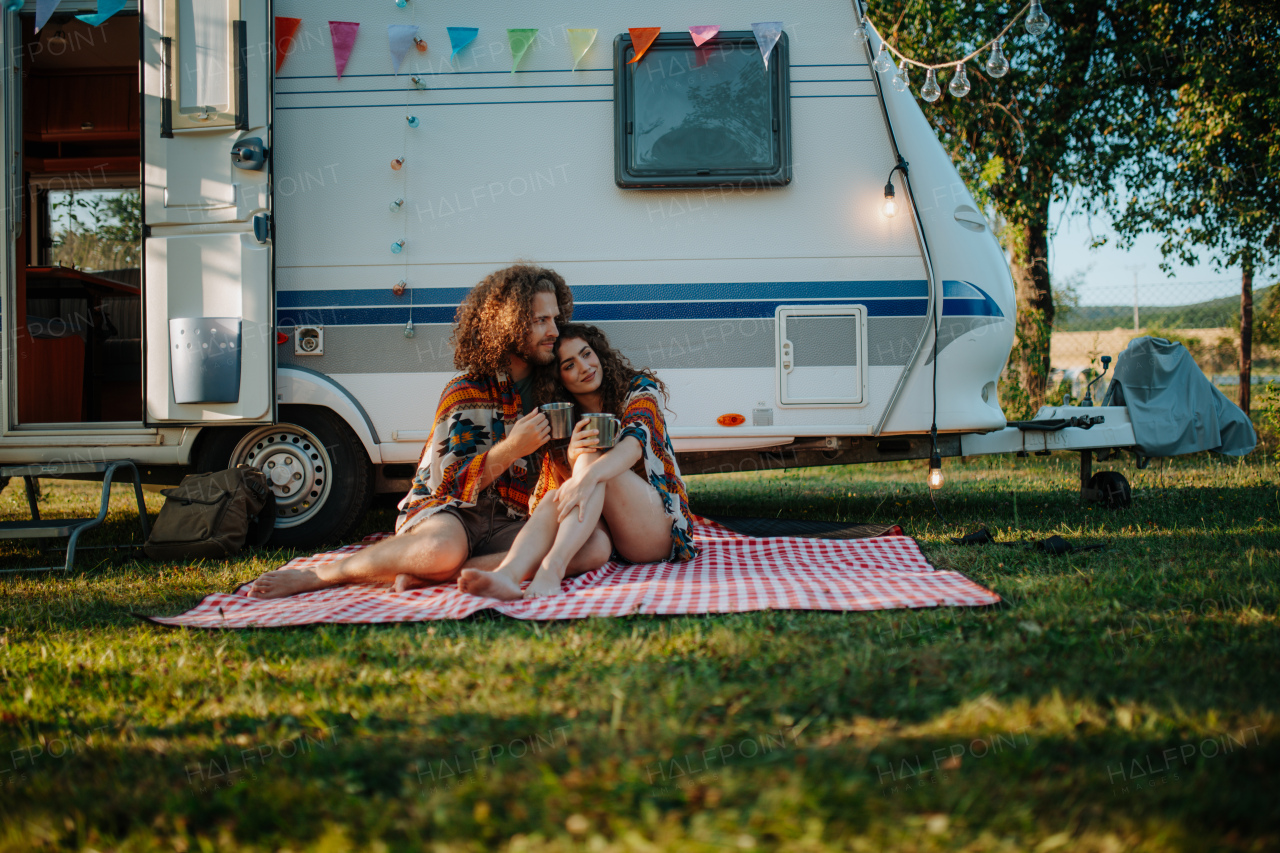 Beautiful couple sitting in front of caravan under blanket, enjoying peaceful moment, drinking coffee of herbal tea. Camping trip for young people.