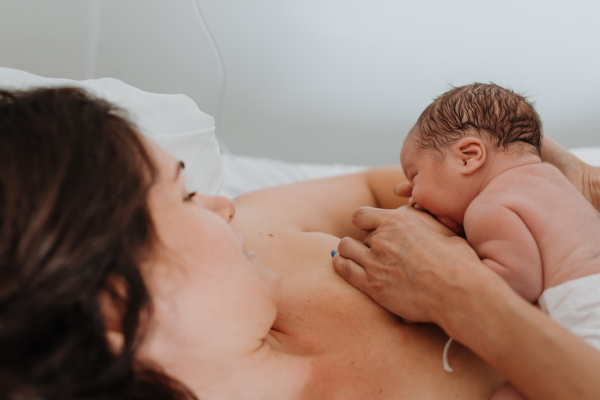 Breastfeeding newborn baby, latching, feeding on first milk, colostrum. Happy mother bonding with newborn baby right after birth. Skin to skin contact.