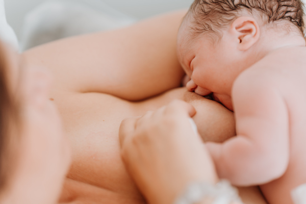 Breastfeeding newborn baby, latching, feeding on first milk, colostrum. Happy mother bonding with newborn baby right after birth. Skin to skin contact.