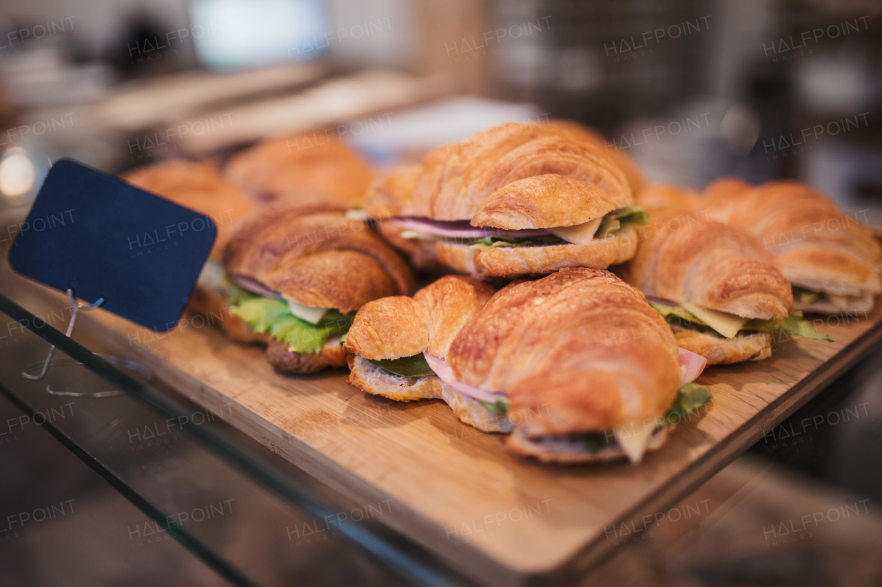 Close-up of fresh pastries in a showcase.