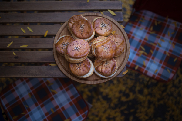 Top view of fresh pastries at the terrace.