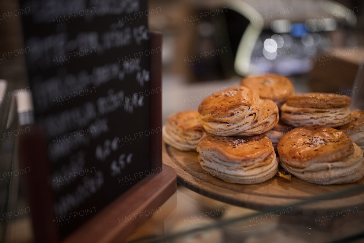 Close-up of fresh pastries at a bistro.