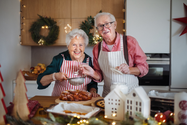 Happy seniors baking Christmas cakes together.