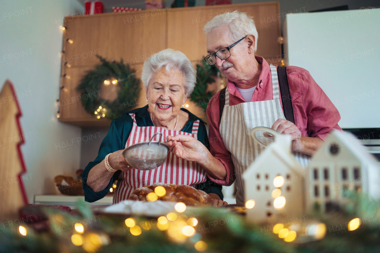 Happy seniors baking Christmas cakes together.