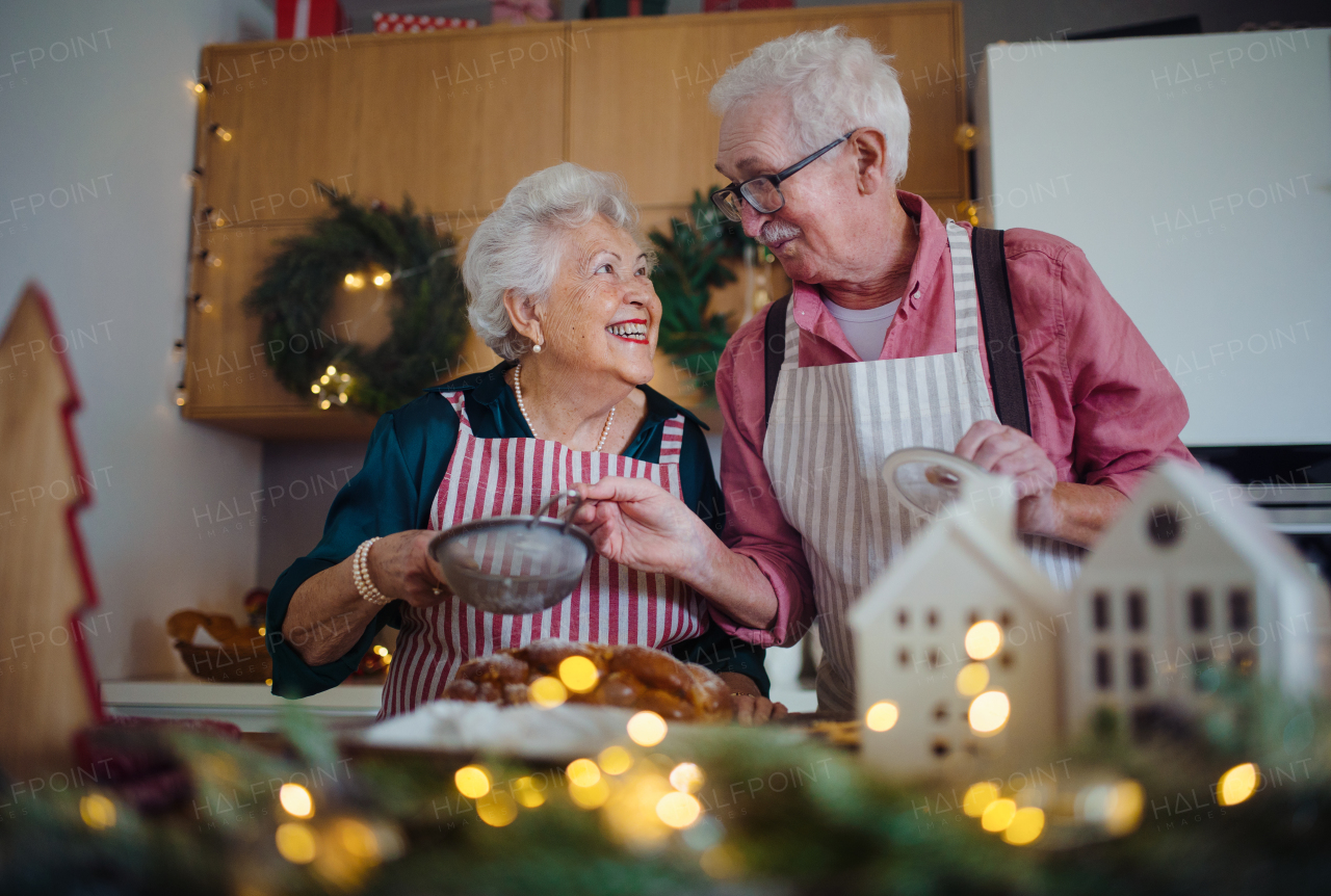 Happy seniors baking Christmas cakes together at home.