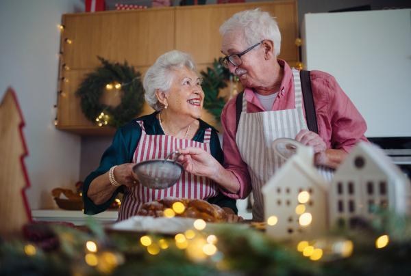 Happy seniors baking Christmas cakes together at home.