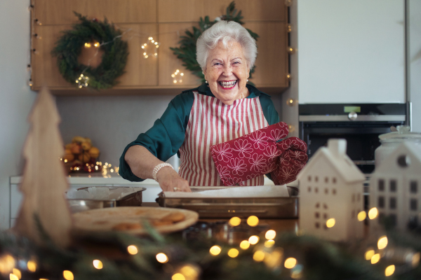 Happy senior woman baking a Christmas cakes.