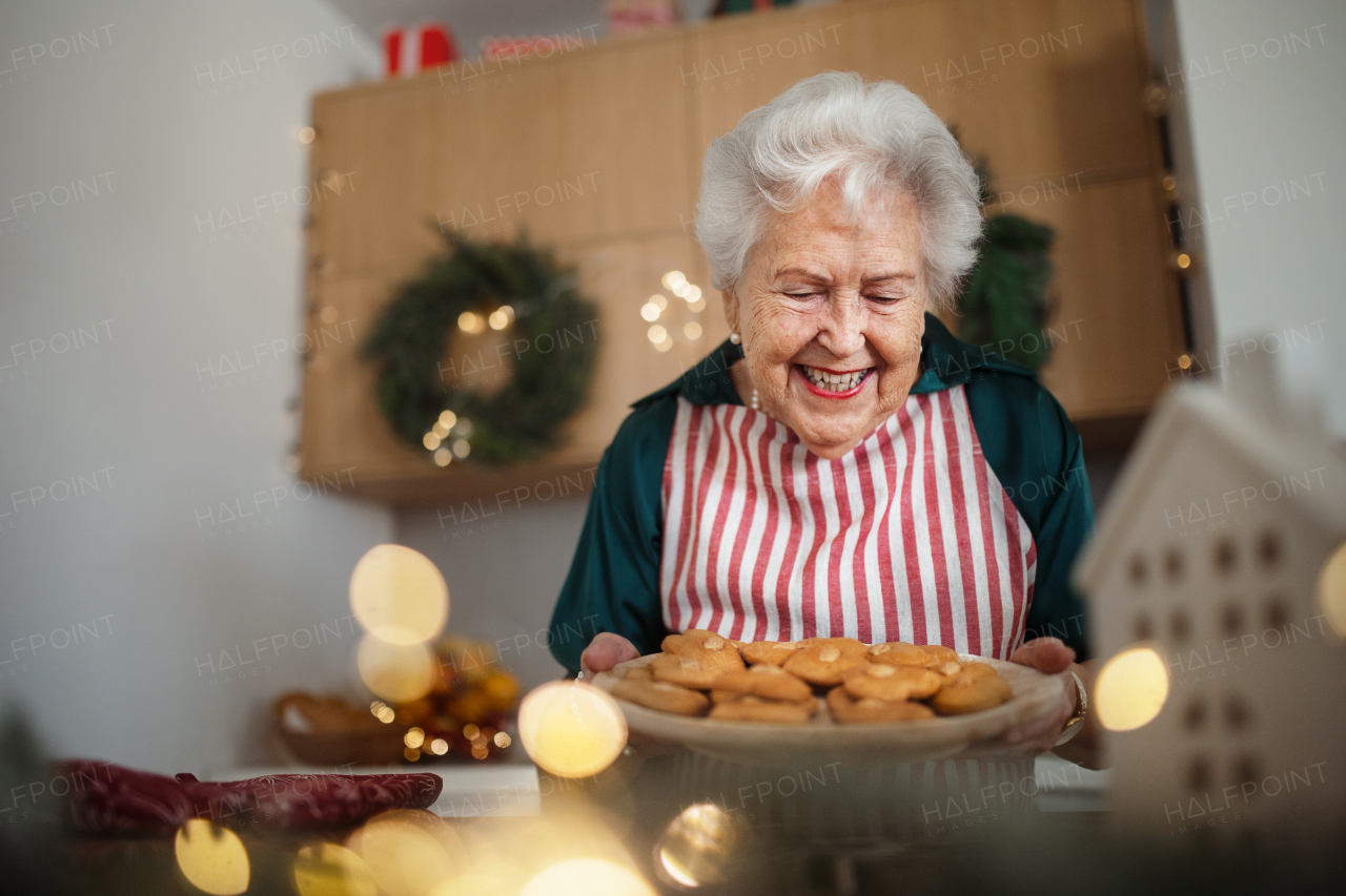 Happy senior woman baking a Christmas cakes.