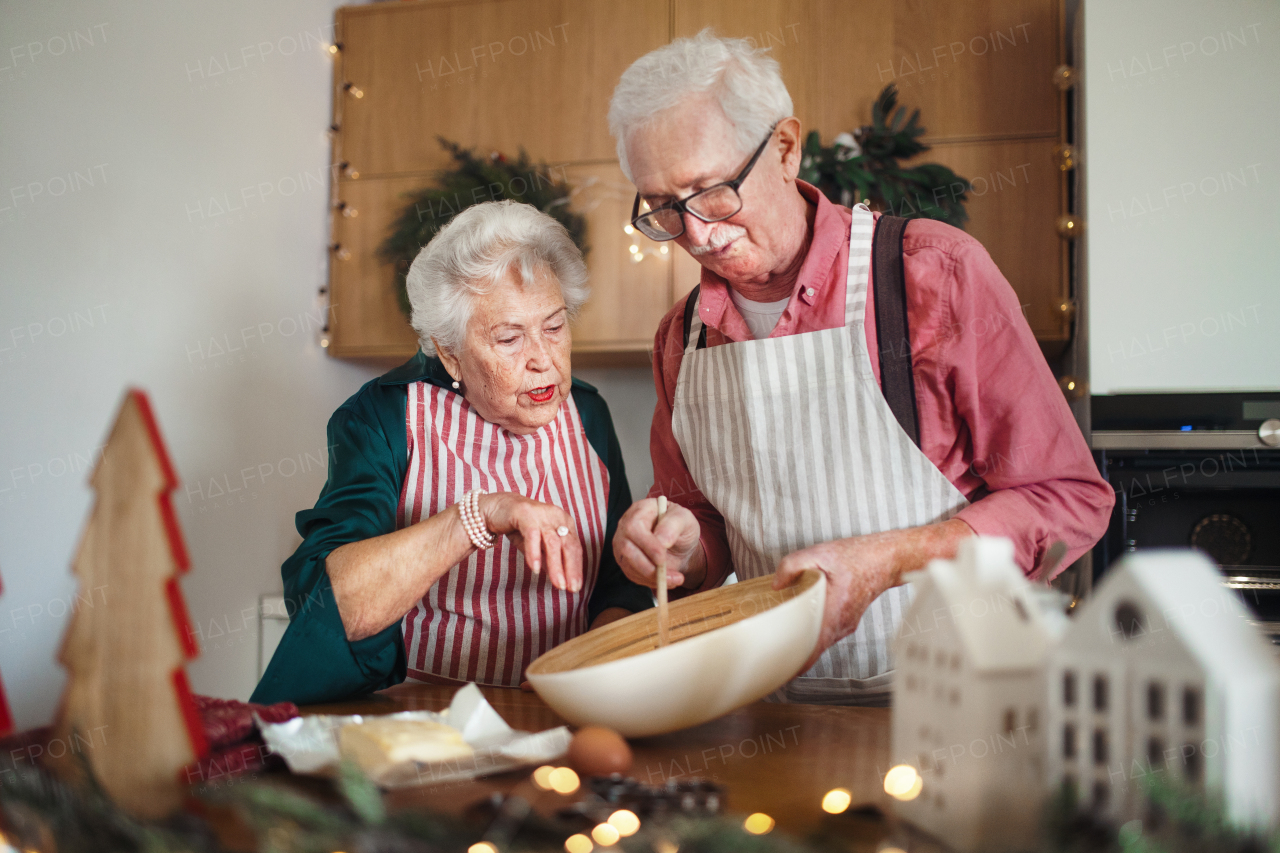 Happy seniors baking Christmas cakes together.