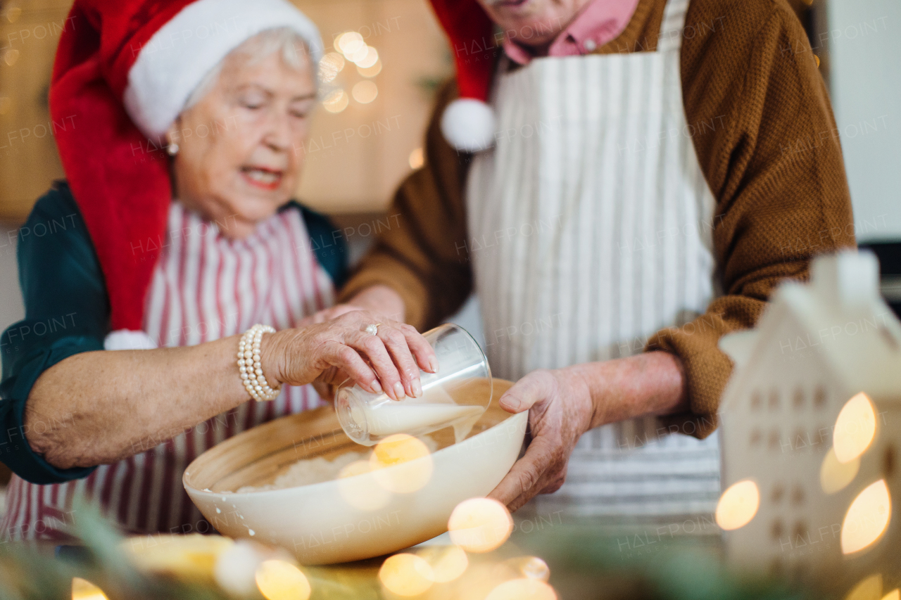 Happy seniors baking Christmas cakes together at home.