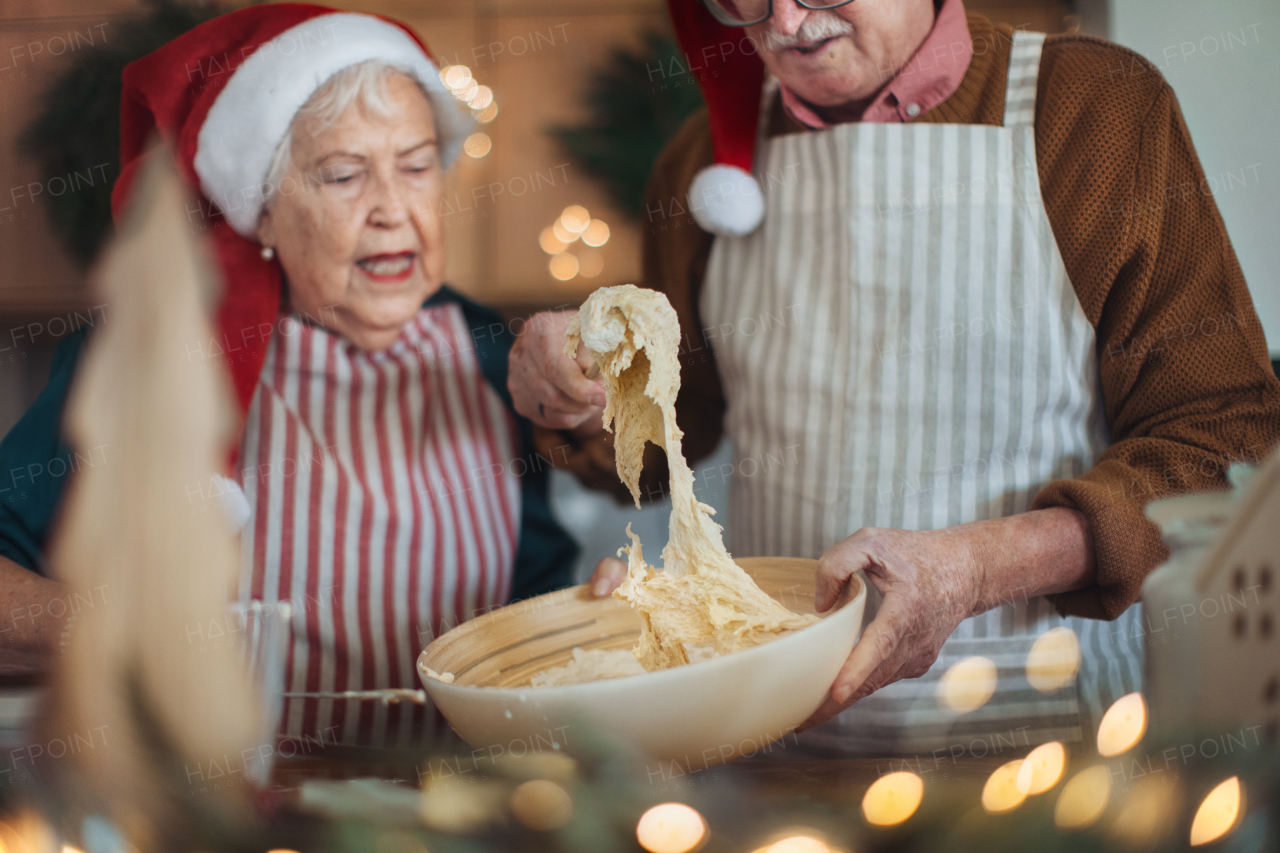 Happy seniors baking Christmas cakes together.