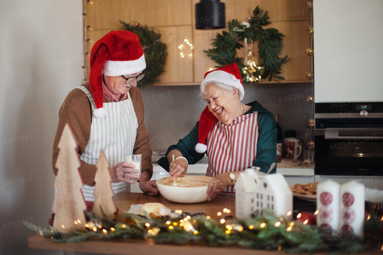 Happy seniors baking Christmas cakes together.