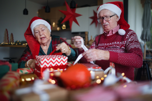 Senior couple celebrating Christmas, giving the gifts each other.