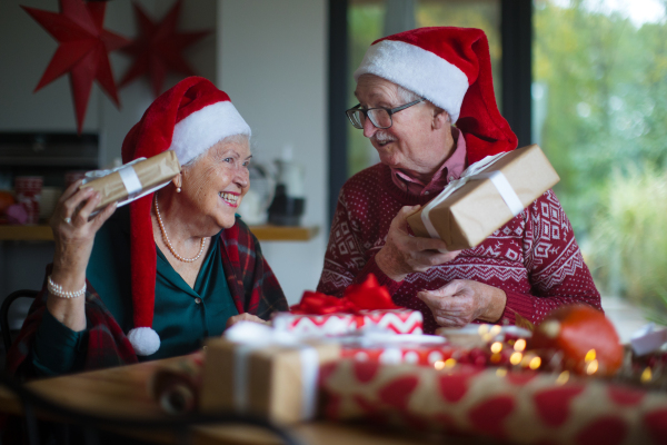 Senior couple celebrating Christmas, giving the gifts each other.