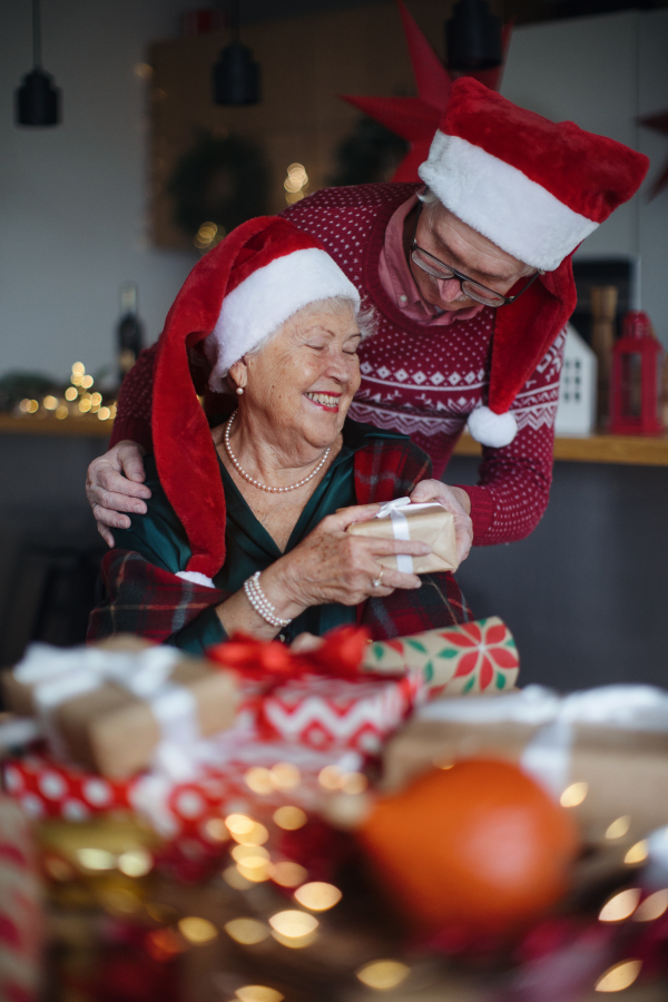 Senior couple celebrating Christmas, giving the gifts each other.