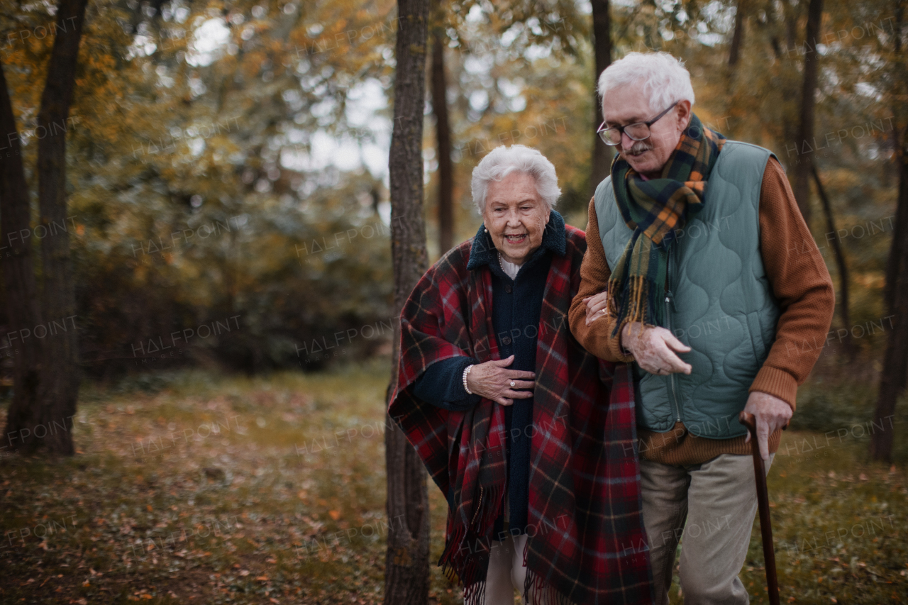 Senior couple walking together in autumn nature.