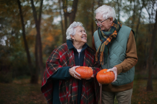 Senior couple with pumpkins in autumn nature.