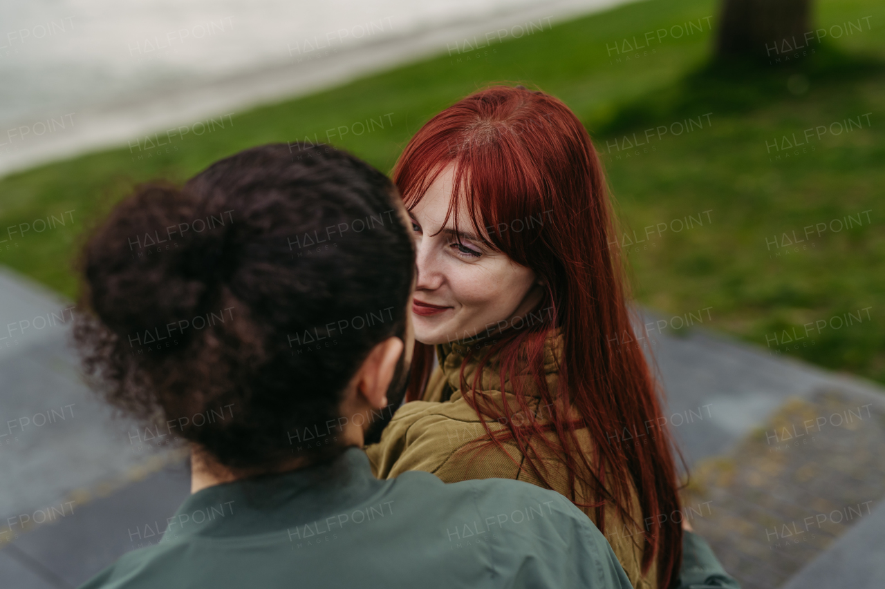 High angle view of a couple in love, looking at each other lovingly.