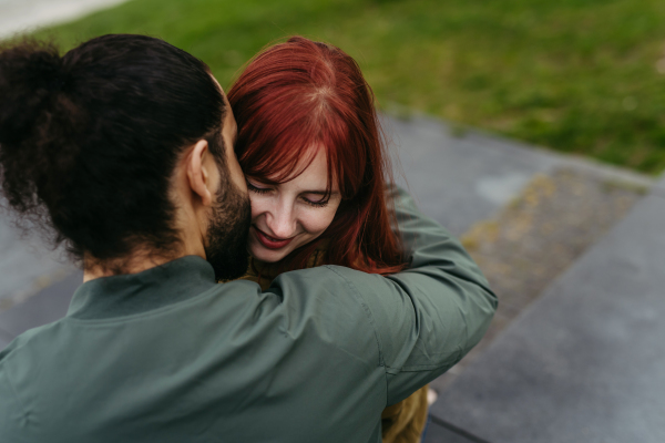 High angle view of a couple in love, looking at each other lovingly.